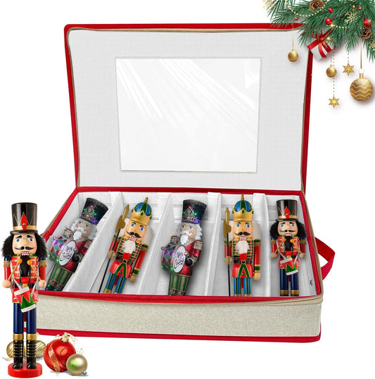 Christmas Nutcracker Storage Containers, Xmas Ornament Storage Box, Holiday Decoration Organizer with Adjustable Dividers, Each Holds 5 Holiday Figurines up to 10”- Nutcracker NOT Included