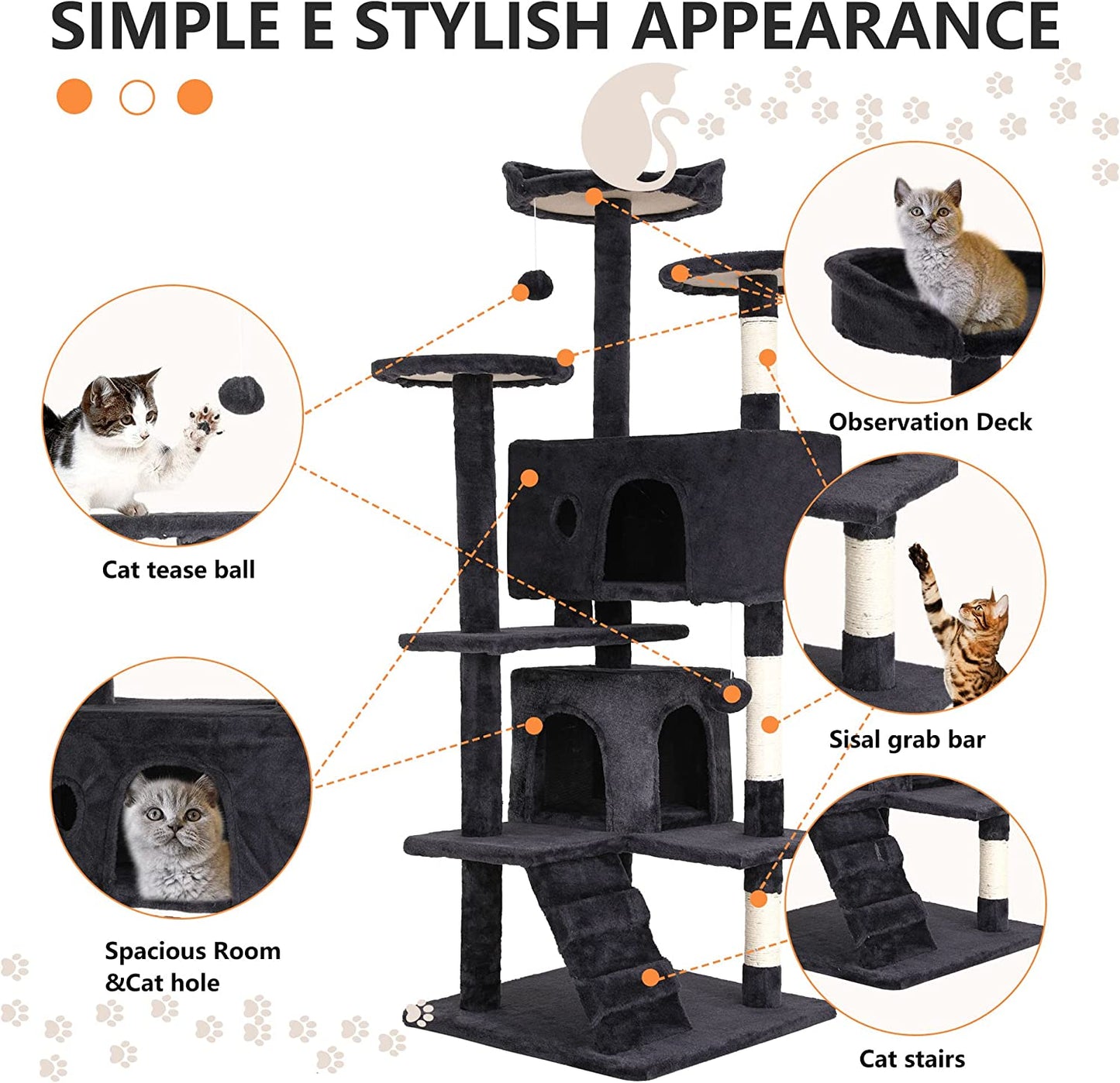 54In Cat Tree Tower for Indoor Cats,Multi-Level Furniture Activity Center with Scratching Posts Stand House Condo Funny Toys Kittens Pet Play House,Dark Gray