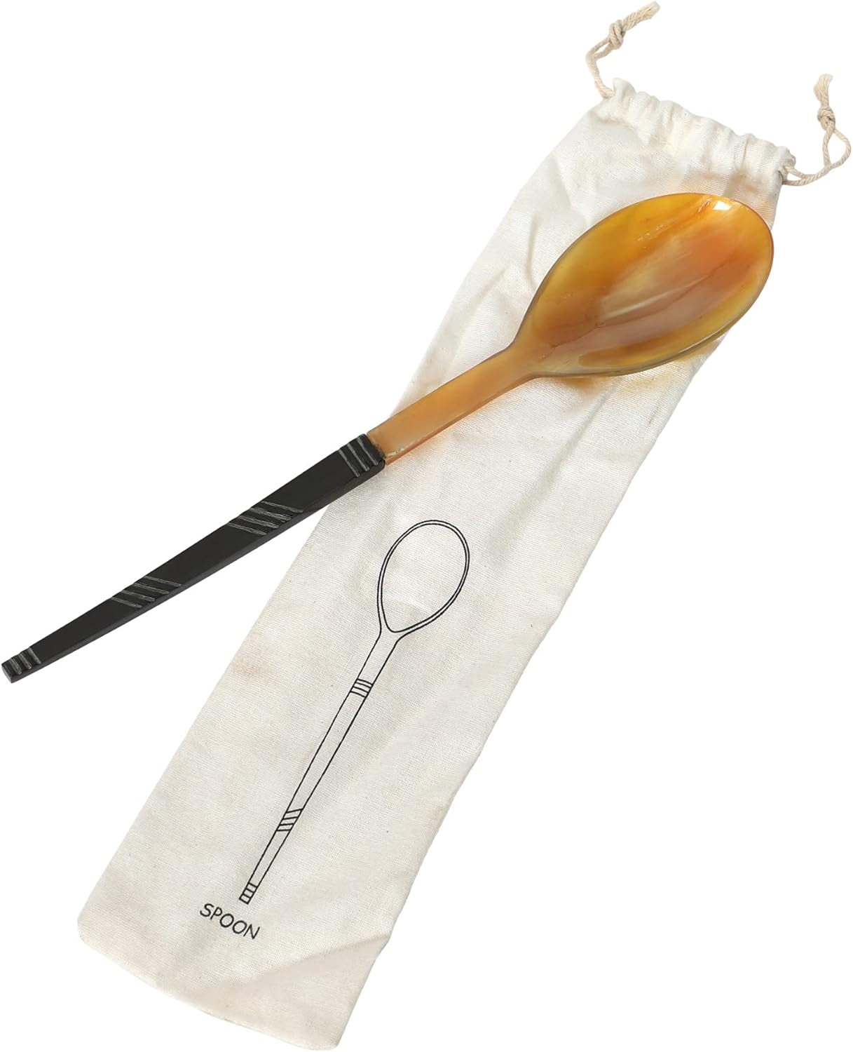 Horn Serving Spoon in Printed Drawstring Bag Tableware, 10"L X 2"W X 0"H, Brown