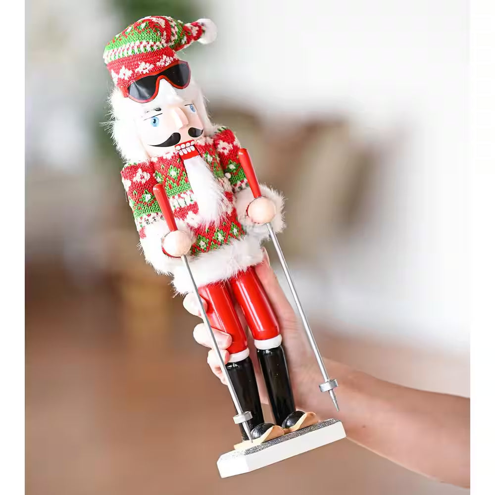 15 In. Wooden Christmas Skier Man Nutcracker -Red and Green Nutcracker Guy with Ugly Sweater and Skis in Skiing Pose