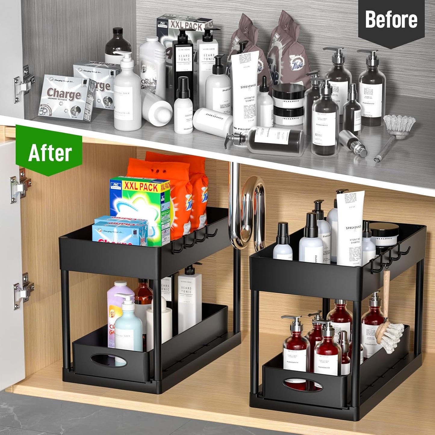 under Sliding Cabinet Basket Organizer, 2 Tier under Sink Organizers Black under Sink Storage for Bathroom Kitchen