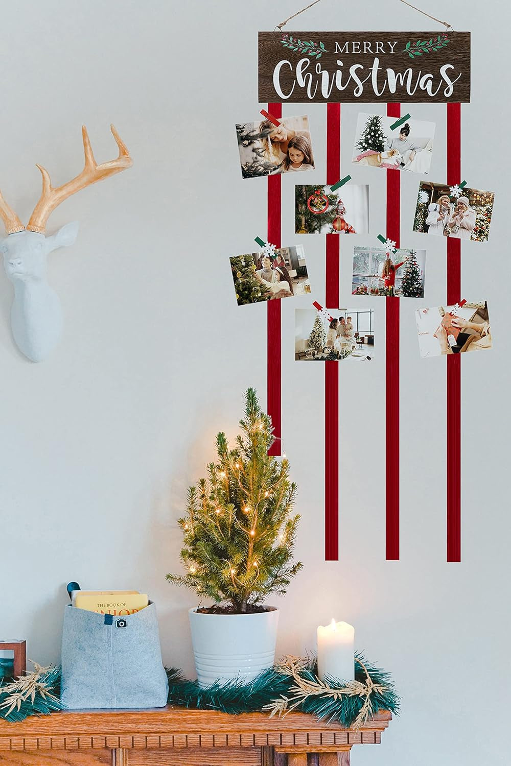 Christmas Card Holder Display, Card Holder Wall Display,Merry Christmas Wooden Decor,Hanging Picture Holders, Xmas Card Display with 24 Photo Clips, Christmas Decor for Wall Door Window Home