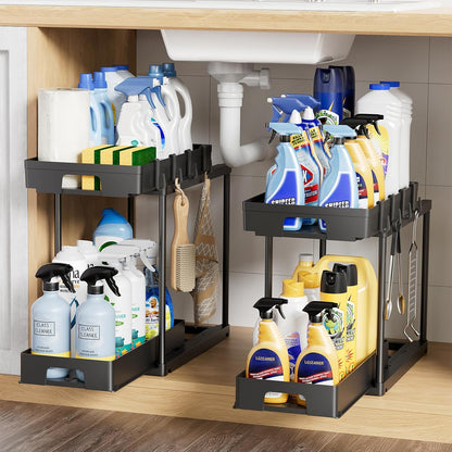 under Sink Organizers and Storage, 2 Pack Pull Out Kitchen Bathroom Cabinet Organizer, 2 Tier Black under Sink Storage for Bathroom Kitchen, under Counter Storage Organizer with 8 Hooks