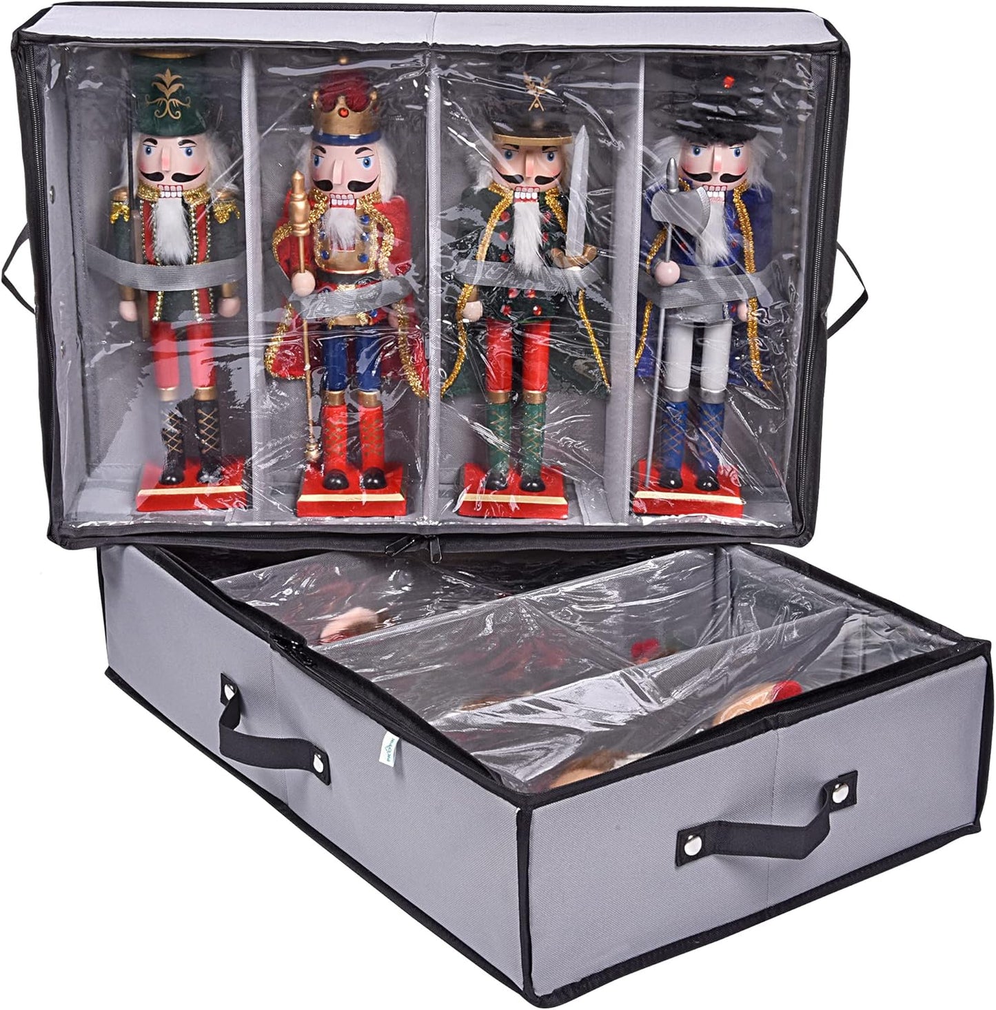 2 Pack Christmas Figures Storage Box | Each Holds 4 Holiday Figurines up to 16” | Adjustable Nutcracker Decor Ornament Storage Container | Xmas Decorations Accessories Boxes (Gray)