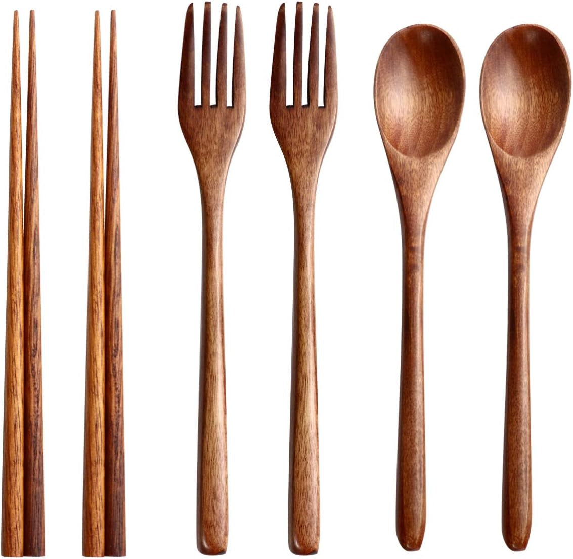 6 Pcs Wooden Flatware Tableware Cutlery Set Travel Utensils Wooden Fork Spoon Chopsticks Reusable Flatware Utensils for Kitchen Dinning Table