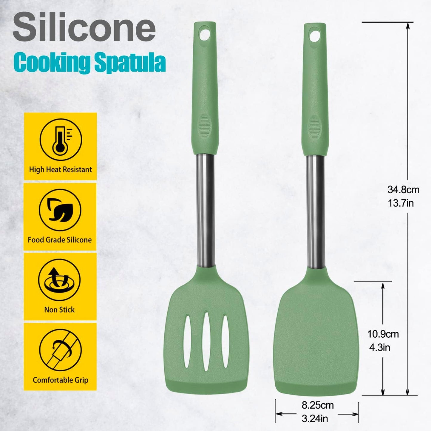 Professional Silicone Spatula Set - 2 Pack with Solid & Slotted Designs, Stainless Steel Handles, Non-Stick Heat Resistant Turners for Cooking Fish, Eggs, Pancakes, and Wok - Green