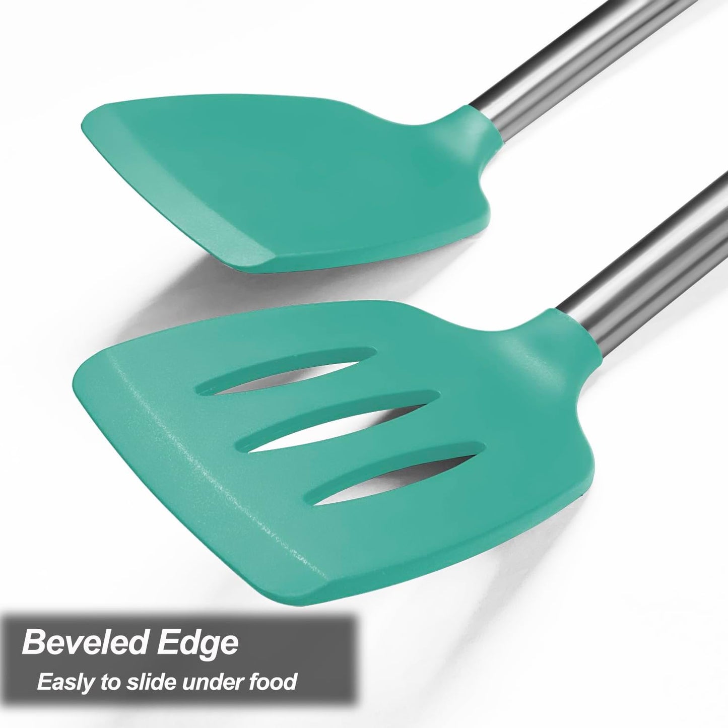 Professional Silicone Spatula Set - 2 Pack, Solid & Slotted Design with Stainless Steel Handles, Heat Resistant Non-Stick Turners for Cooking Fish, Eggs, Pancakes, and Wok - Teal