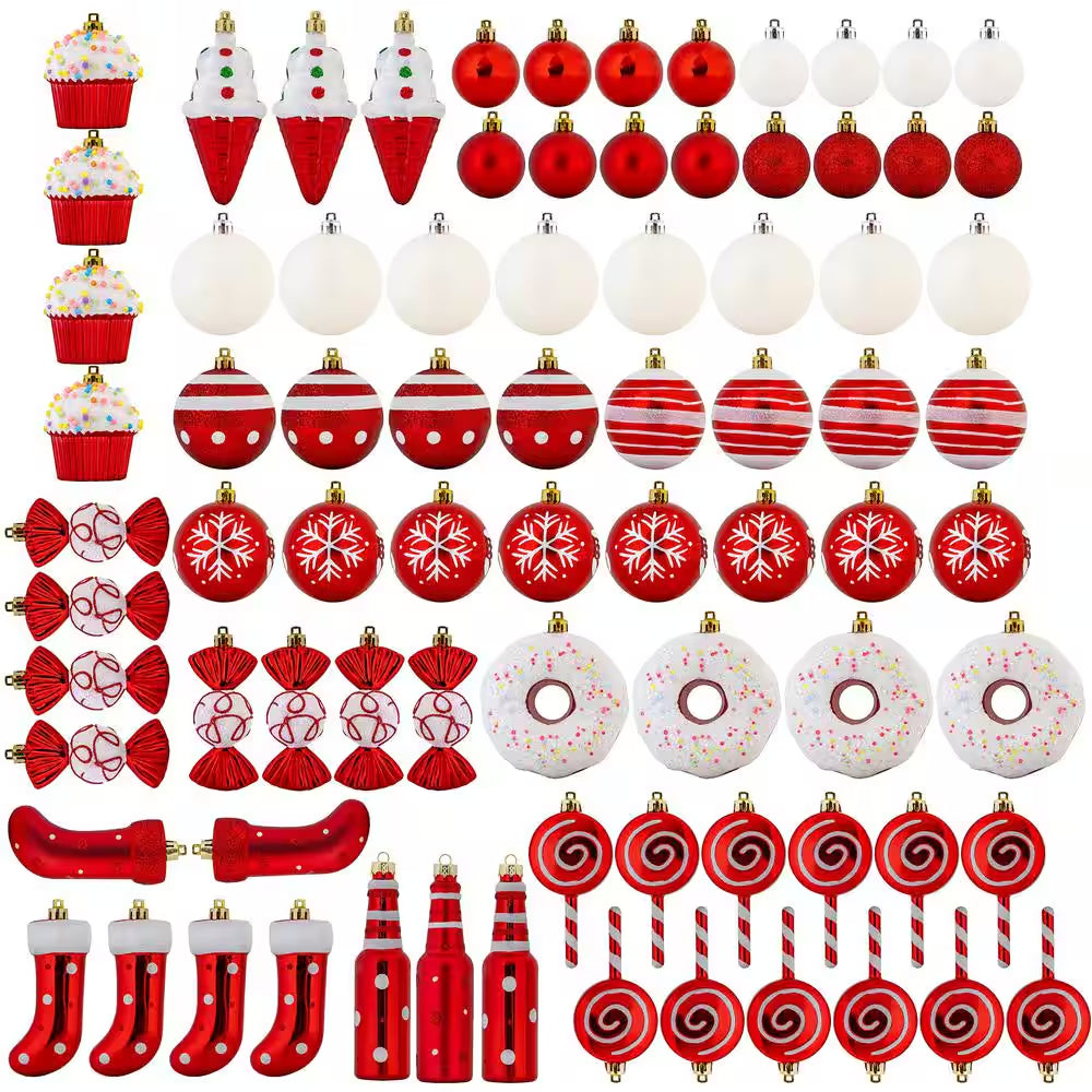 Candy Cane Ornament Set-Shatterproof Balls and Hanging Ornaments for Indoor/Outdoor Christmas Tree (82-Piece)