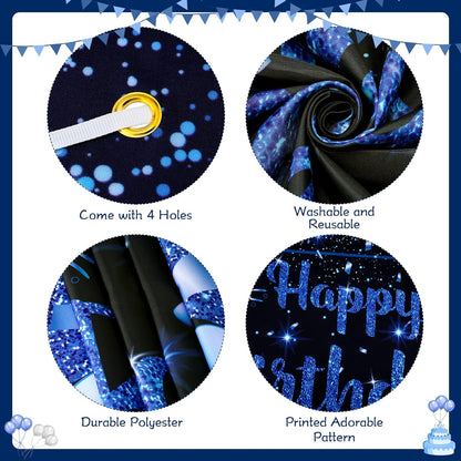 Navy Blue and Black Birthday Banner Decorations - Large Happy Birthday Backdrop for Boys and Girls, Champagne Glass and Balloon Photo Booth Background for Men and Women - 71" x 44" Party Supplies