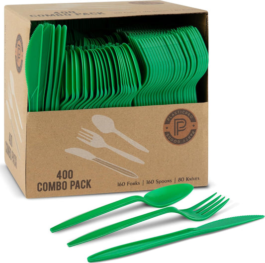 400 Pack Disposable Plastic Utensils Assorted Colored Cutlery Combo Set Forks Spoons Knives Silverware, Green Plastic Cutlery for Parties