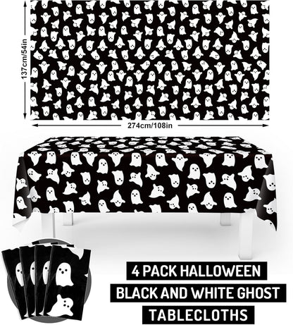 4Pcs Halloween Plastic Tablecloths White Black Ghost Disposable Table Cover Spooky Rectangle Table Cloth for Halloween Party Table Decor, 54 X 108 Inch