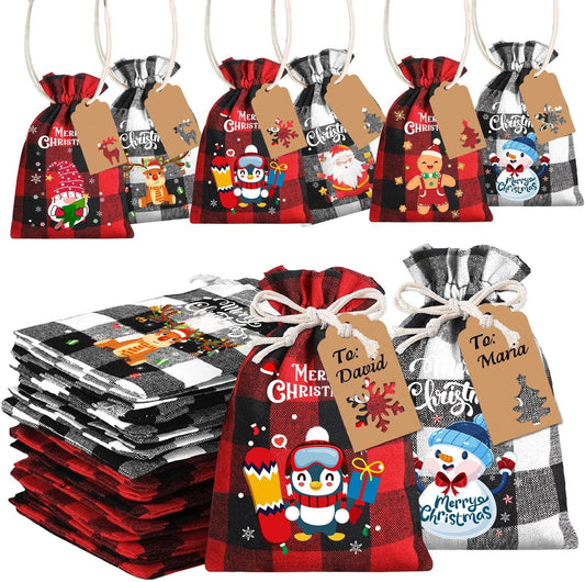 36Pcs Christmas Burlap Gift Bags,Christmas Buffalo Plaid Drawstring Bags Christmas Jute Linen Burlap Treat Candy Goodies Drawstring Bags with Tags for Xmas Favors Supplies