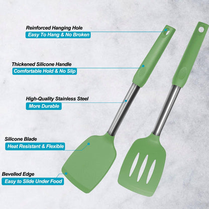 Professional Silicone Spatula Set - 2 Pack with Solid & Slotted Designs, Stainless Steel Handles, Non-Stick Heat Resistant Turners for Cooking Fish, Eggs, Pancakes, and Wok - Green