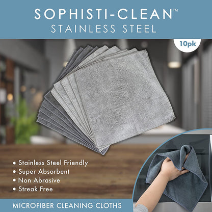 Sophisti-Clean Stainless Steel Microfiber Cloths, Soft Absorbent Non-Abrasive Cleaning Cloths, Lint Free, Streak Free, Gray, (Pack of 10)