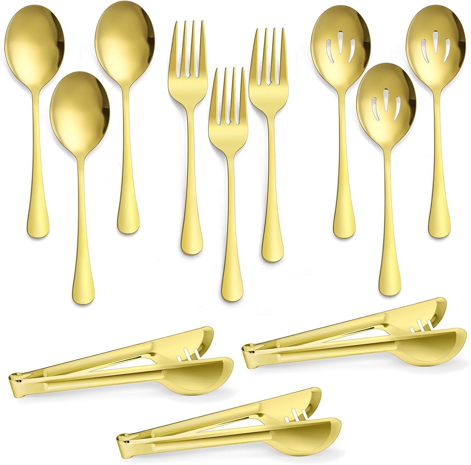 Large Gold Serving Utensils Set of 12,  Stainless Steel 9.8 Inch Serving Spoons Slotted Spoon, 9.9 Inch Serving Forks, 9.4 Inch Serving Tong for Buffet Catering, Mirror Finish & Dishwasher Safe