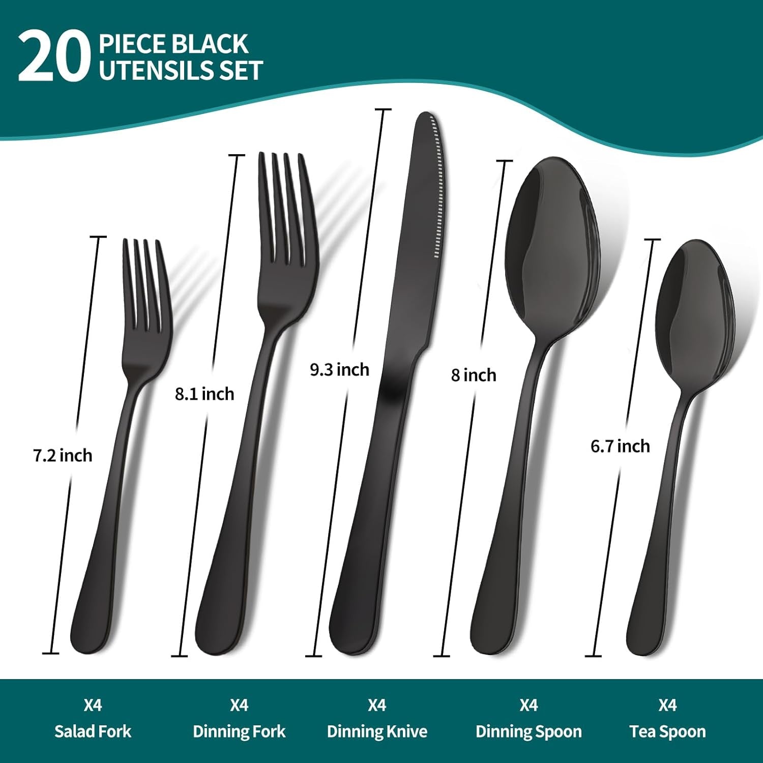 20 Pieces Black Silverware Set,  Flatware Cutlery Set Stainless Steel Utensils Service for 4, Heavy Duty Gift and Dishwasher Safe, Mirror Polished Dinner Knife, Fork, Spoon for Restaurant