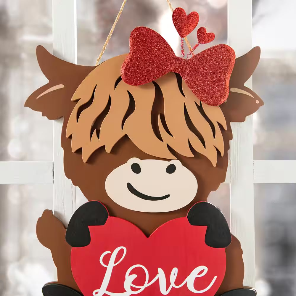 18 In. H Valentine'S Wooden Highland Cow with Heart Door Hanger