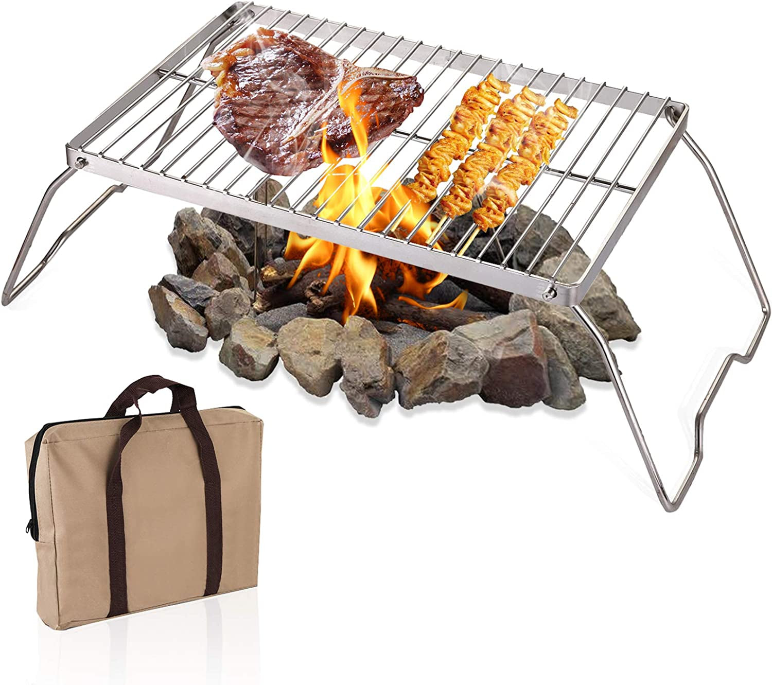 Portable Folding Campfire Grill with Carrying Bag, Heavy-Duty 304 Stainless Steel Barbecue Grate for Outdoor Camping, Picnics, and Backpacking - 13.6" x 9" x 6.5"