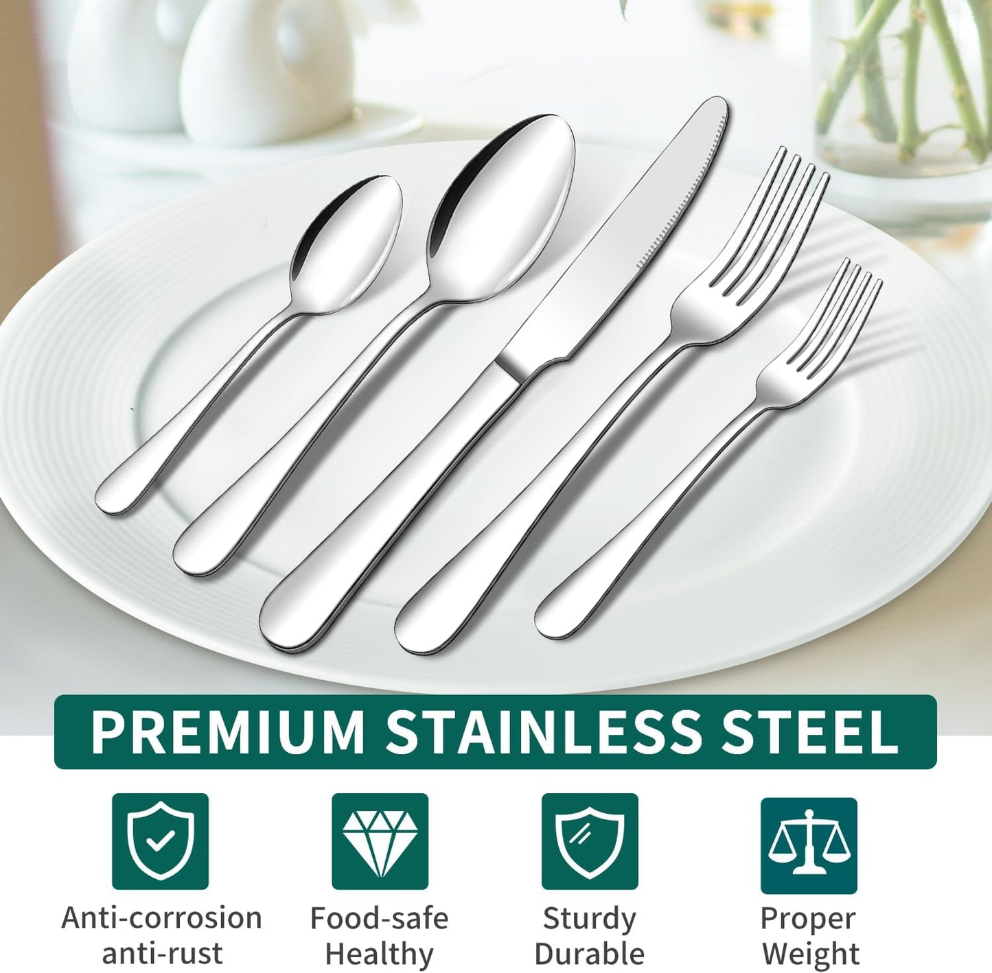 20 Piece Silverware Set,  Stainless Steel Flatware Cutlery Set, Kitchen Utensil Set Service for 4, Include Knife Fork Spoon, Mirror Polished, Dishwasher Safe