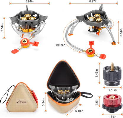 7200W Windproof Camping Gas Stove with Piezo Ignition, Dual Canister Adapter & Carry Case for Backpacking, Hiking & Picnics.