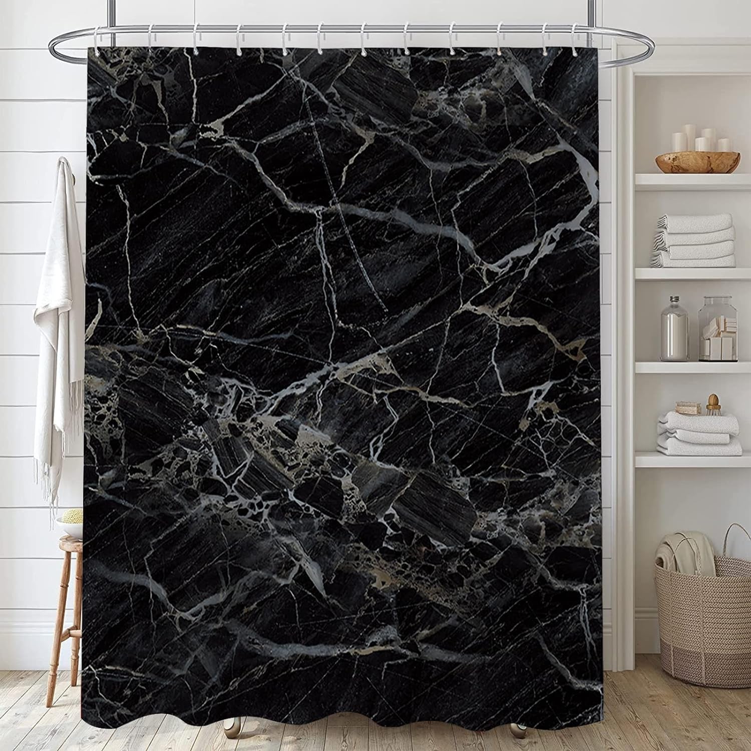 Black Marble Shower Curtain with Bath Rugs Sets, 4 Pcs Gray Marble Patterns Bathroom Décor with Toilet Seat Cover,Soft Mats, Absorbent Pedestal Pads and Shower Curtains + Hooks