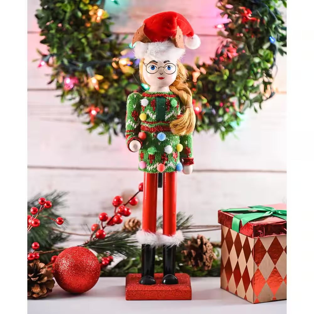 15 In. Wooden Christmas Ugly Sweater Nutcracker -Red and Green Nutcracker Girl with an Ugly Sweater and Reindeer Hat