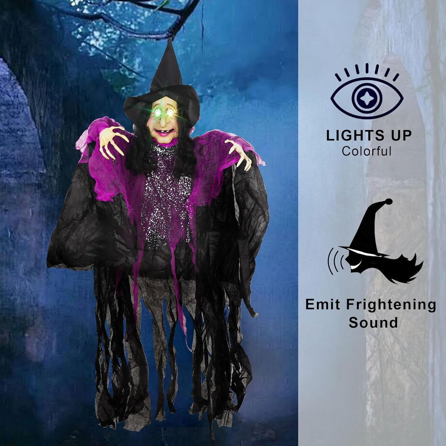 47" H Halloween Hanging Witch Prop, Life-Size Voice-Activated Witch with Eerie Sound & Eyes Glow Colorful Lights for Haunted House Yard Porch Trees Entrance Magic Parties Decor