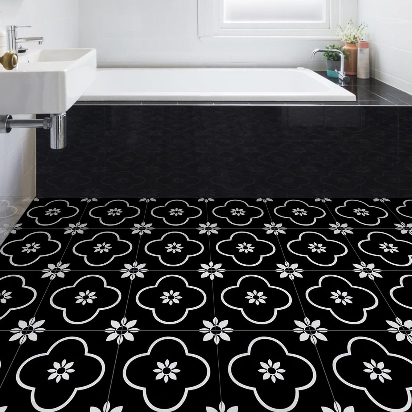 Vinyl Flooring Peel and Stick 12X12 Inch Self Adhesive Floor Tile Waterproof Non-Slip Removable Stickers Tile for DIY Installation of Kitchen Bedroom Backsplash Solid Black and White 10Pcs