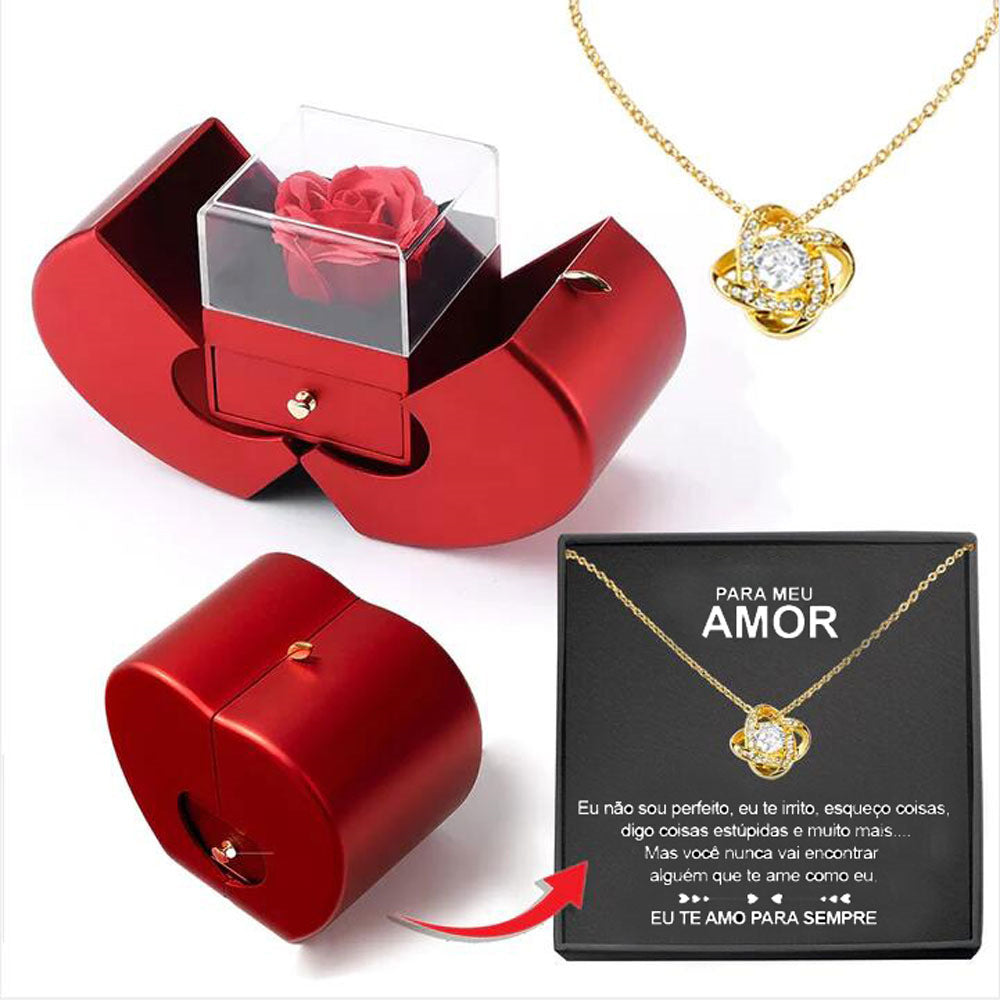 Fashion Jewelry Box Red Apple Christmas Gift Necklace Eternal Rose for Girl Mother'S Day Valentine'S Day Gifts with Artificial Flower Rose Flower Jewelry Box