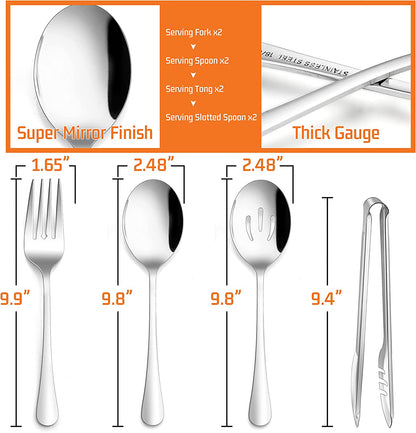 Large Serving Utensils Set of 8, Stainless Steel 9.8 Inch Serving Spoons Slotted Spoon, 9.9 Inch Serving Fork, 9.4 Inch Serving Tong for Buffet Catering Banquet, Mirror Finish & Dishwasher Safe