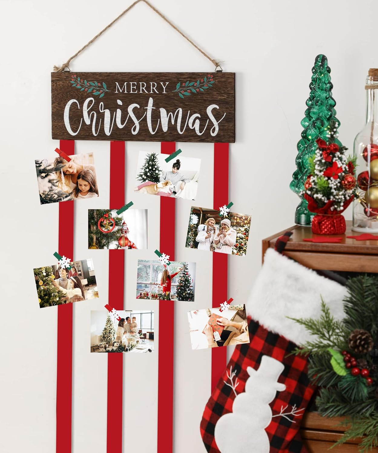 Christmas Card Holder Display, Card Holder Wall Display,Merry Christmas Wooden Decor,Hanging Picture Holders, Xmas Card Display with 24 Photo Clips, Christmas Decor for Wall Door Window Home