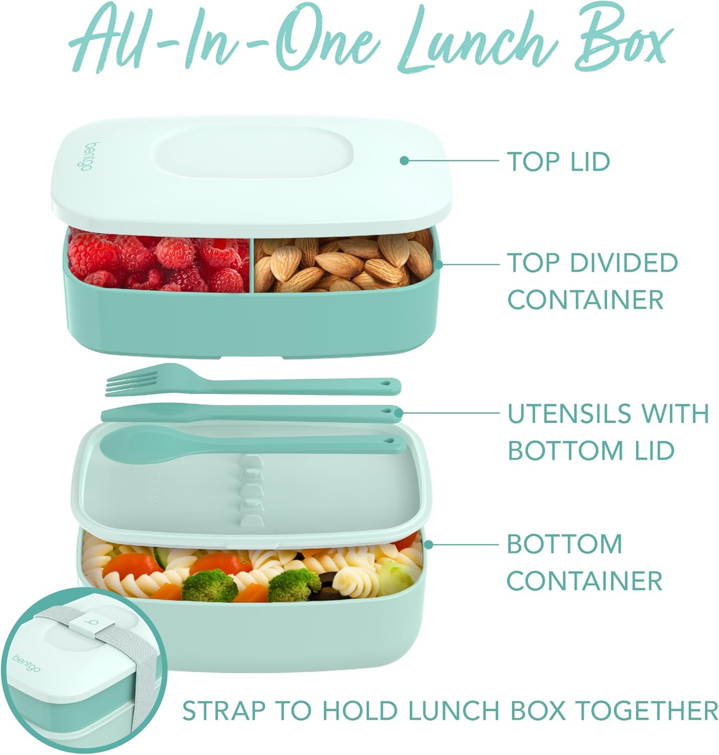 Classic - Adult Bento Box, All-In-One Stackable Lunch Box Container with 3 Compartments, Plastic Utensils, and Nylon Sealing Strap, BPA Free Food Container (Coastal Aqua)