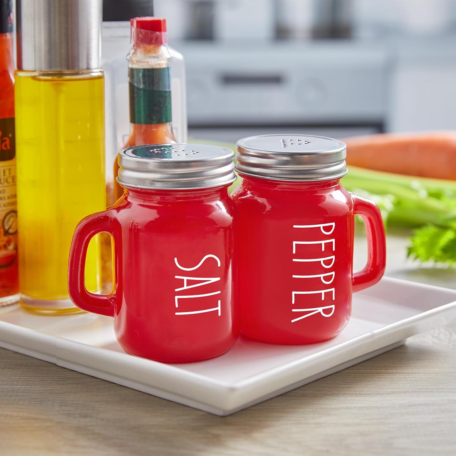 Red Salt and Pepper Shakers Set,  4 Oz Cute Modern Glass Christmas Red Shaker Sets with Stainless Steel Lids, Red Kitchen Decor and Accessories for Home Restaurants Weddings