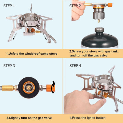 Portable Backpacking Stove with Piezo Ignition Windproof Camping Gas Stove Camp Stove Foldable Burner with Propane Canister Adapter for Outdoor Camping Hiking Picnic