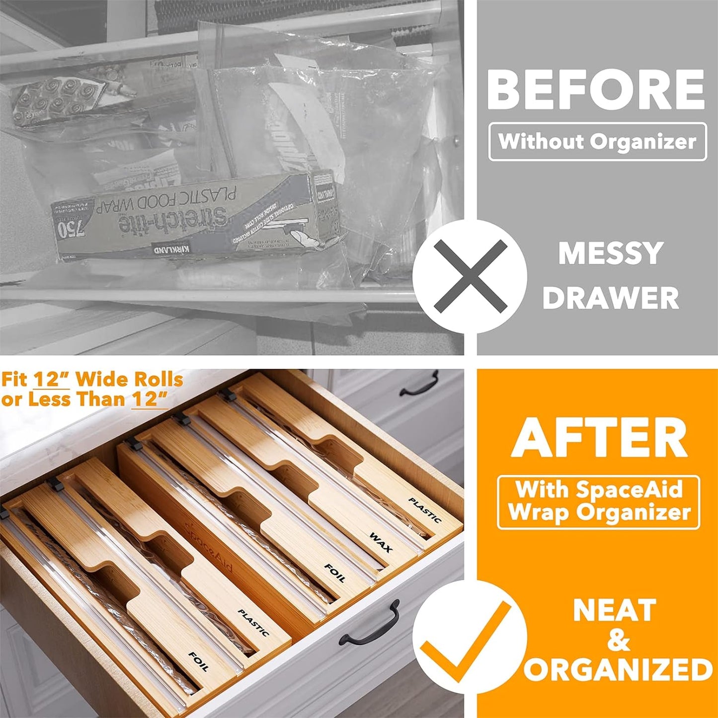 Wrapneat 3 in 1 Wrap Organizer with Cutter and Labels, Plastic Wrap, Aluminum Foil and Wax Bamboo Dispenser for Kitchen Storage Organization Holder for 12" Roll (Natural)