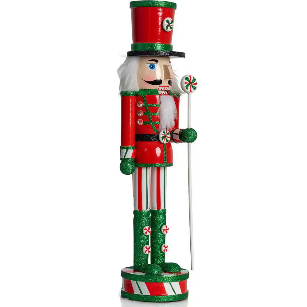 15 In. Wooden Peppermint Christmas Nutcracker -Red, White and Green Glitter Candy Holiday Nutcracker Toy Soldier