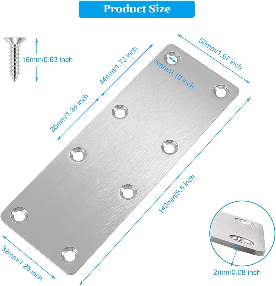 8 Pcs Flat Mending Plate Stainless Steel Flat Bracket 5.5 X 1.97 Inch Metal Straight Bracket Repair Joining Brace for Wood, with Screws