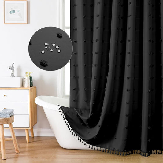 Boho Farmhouse Black Fabric Shower Curtain, 72X72 Tufted Pleat Floral Puffs Textured Tassel Cute Shower Curtain for Rustic Vintage Bathroom Decor, Shabby Chic Shower Curtain with Hooks