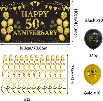 50Th Wedding Anniversary Decorations, Large Happy 50Th Anniversary Banner Backdrop 70 X 43 Inches, Black and Gold Party Balloons, Hanging Swirls for Indoor Outdoor Home Wall Party Supplies