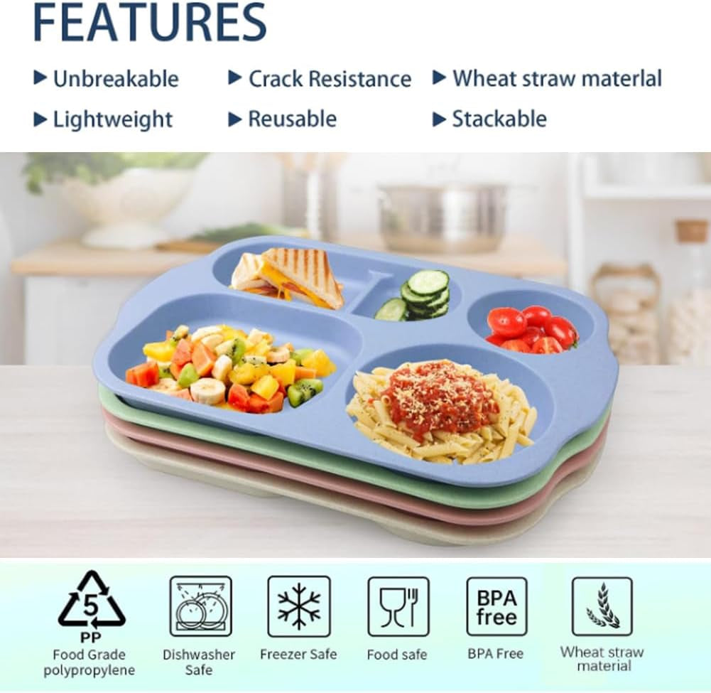 12-Inch Divided Plates for Kids and Adults - Wheat Straw Portion Control, Reusable Compartment Dinner and Dessert Plates, Unbreakable and BPA-Free