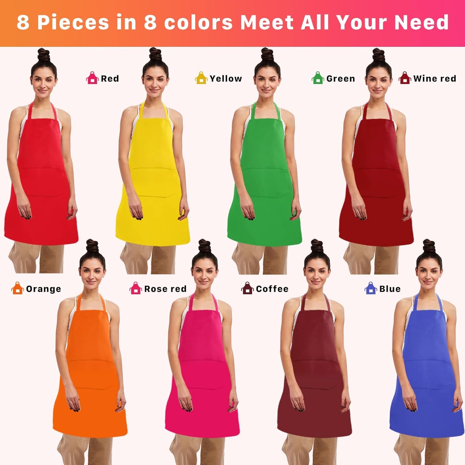 8 Pack Plain Bib Aprons Bulk,Mixed Color Apron with 2 Front Pockets,Washable Blank Aprons for Kitchen Cooking Crafting BBQ Painting Drawing,8 Colors