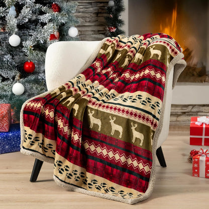 Premium Christmas Blanket Sherpa Fleece Throw| Plush Christmas Decoration, Reindeer, Cozy Reversible Winter Holiday Cabin Blanket for Sofa Couch 50X60