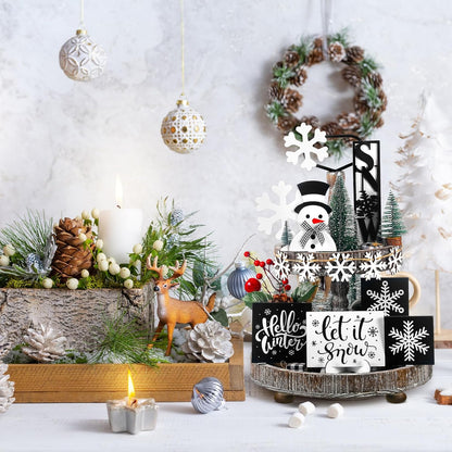 13 Pcs Christmas Tiered Tray Decor Winter Black and White Snowflake Table Wood Decor Snowman Wooden Sign Rustic Farmhouse Coffee Bar Signs Winter Tray Decor for Home Xmas Holiday Tabletop