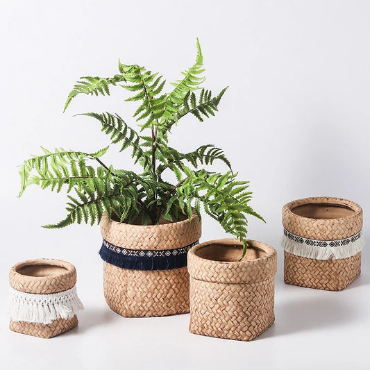 Farmhouse Weave Pattern Ceramic Flowerpot  Vintage Decor Succulent Planter Green Plants Tassel Bag Shape Flower Pot With Hole