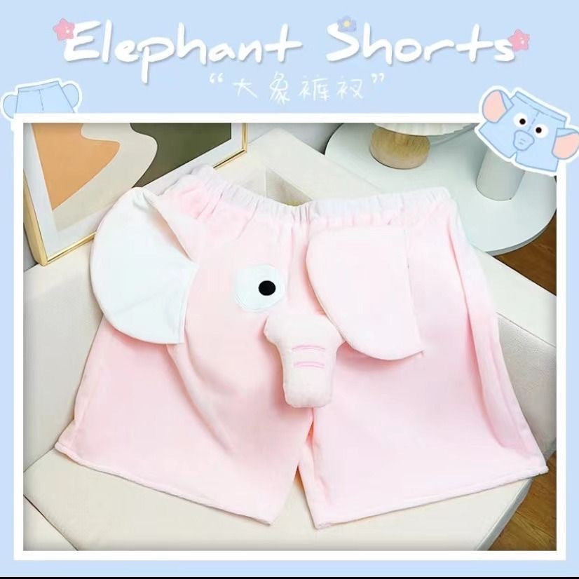 2024 Summer New Cute Elephant Shorts Embroidered Dumbo Creative Plush Ugly Fish Couple Pajamas Blue Pink