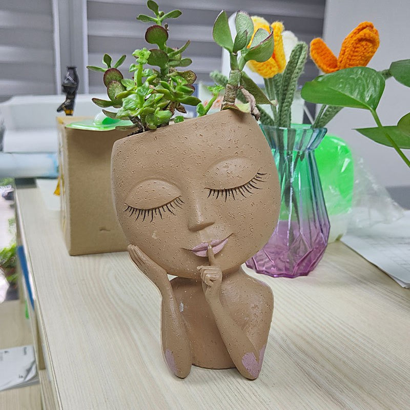 Cross-border Boo Girl Resin Flower Pot Nordic Style Green Plant Flowers Succulent Balcony Potted Plant Decorative Ornament Wholesale