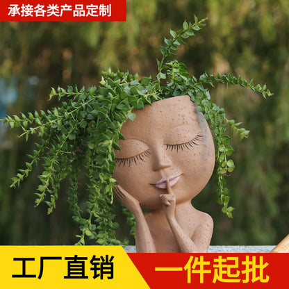 Cross-border Boo Girl Resin Flower Pot Nordic Style Green Plant Flowers Succulent Balcony Potted Plant Decorative Ornament Wholesale