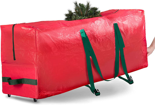 Christmas Tree Storage Bag 7.5 Ft - Rolling Christmas Tree Storage Box - Plastic, Durable Handles and Wheels - Medium Christmas Tree Bag - Red