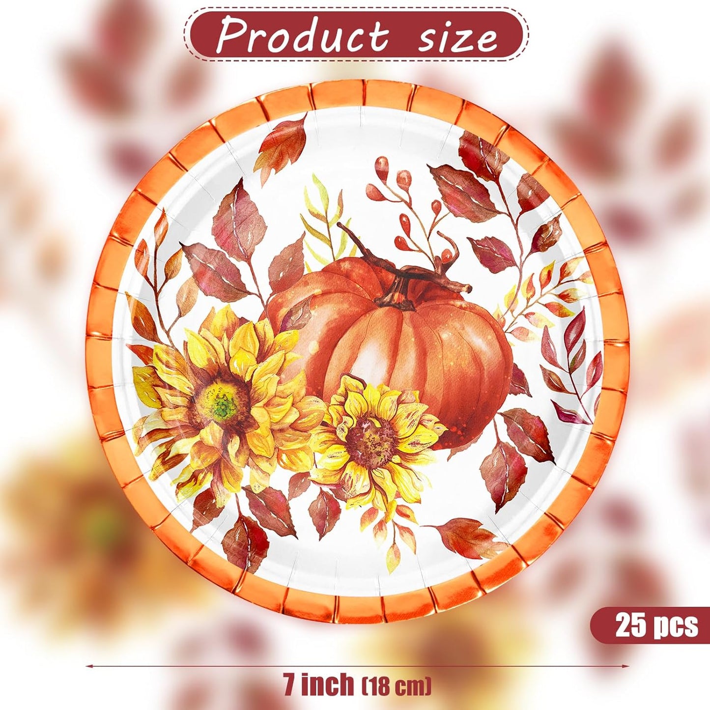 25Pcs Fall Paper Plates - 7 Inch Pumpkin & Sunfloral Disposable Plates Decorative Dinner Plates for Party Tableware Supplies Table Decor