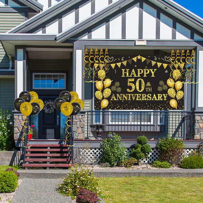 50Th Wedding Anniversary Decorations, Large Happy 50Th Anniversary Banner Backdrop 70 X 43 Inches, Black and Gold Party Balloons, Hanging Swirls for Indoor Outdoor Home Wall Party Supplies